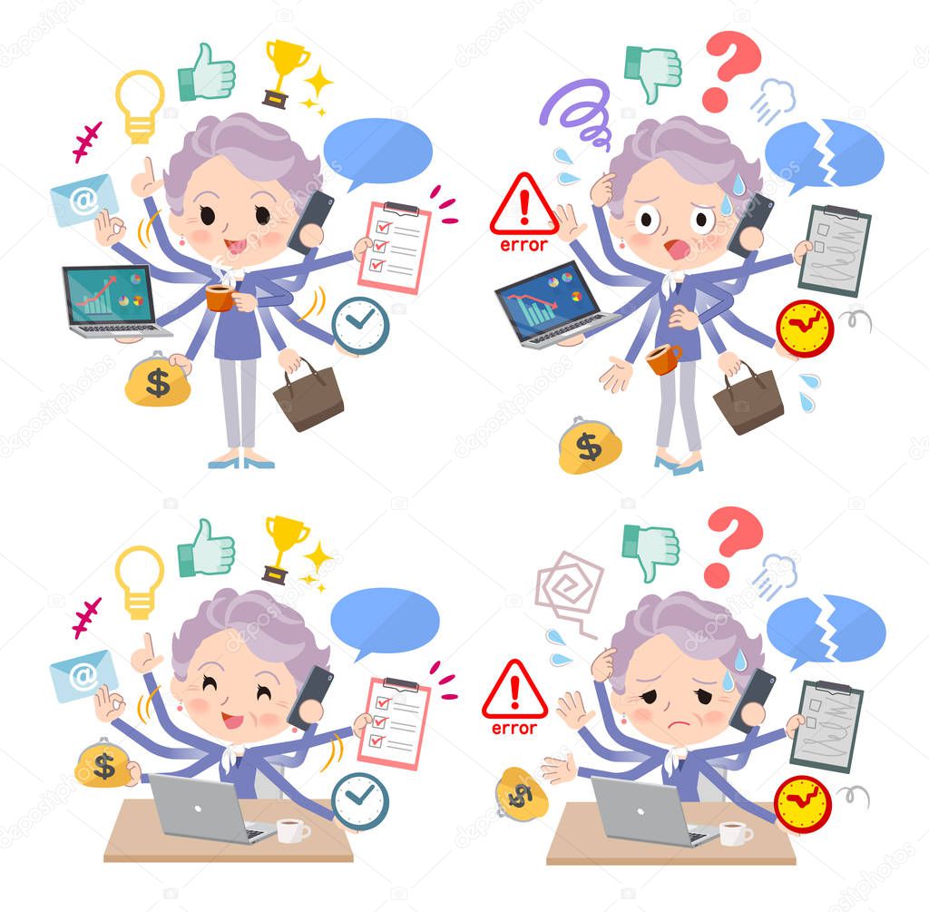 A set of senior women who perform multitasking in the office
