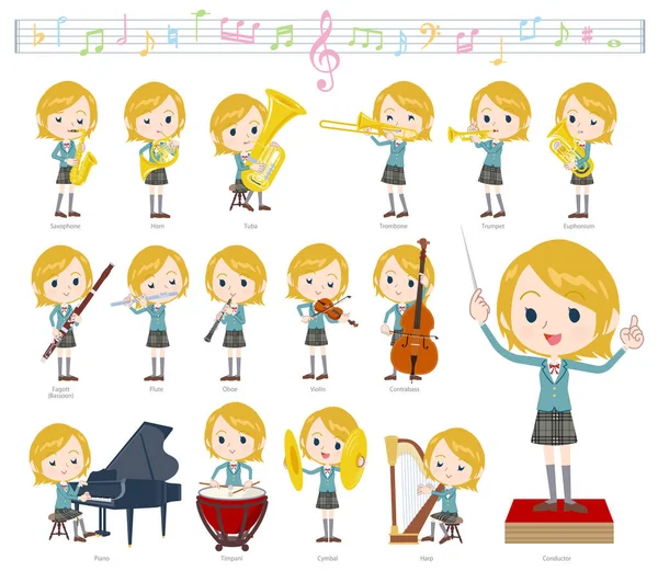 Een Set Van School Girl Klassieke Muziek Optredens — Stockvector