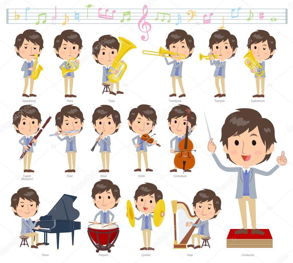 A set of men on classical music performances.There are actions to play various instruments such as string instruments and wind instruments.It's vector art so it's easy to edit.