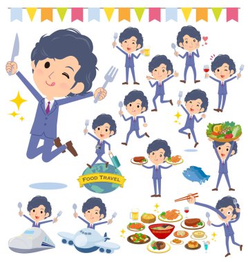 İşadamı gıda olayları kümesi. Bir çatal ve kaşıkla ve eğlenceli yaşıyorsanız eylem vardır. Böylece düzenlemek kolaydır vektör sanat değil.