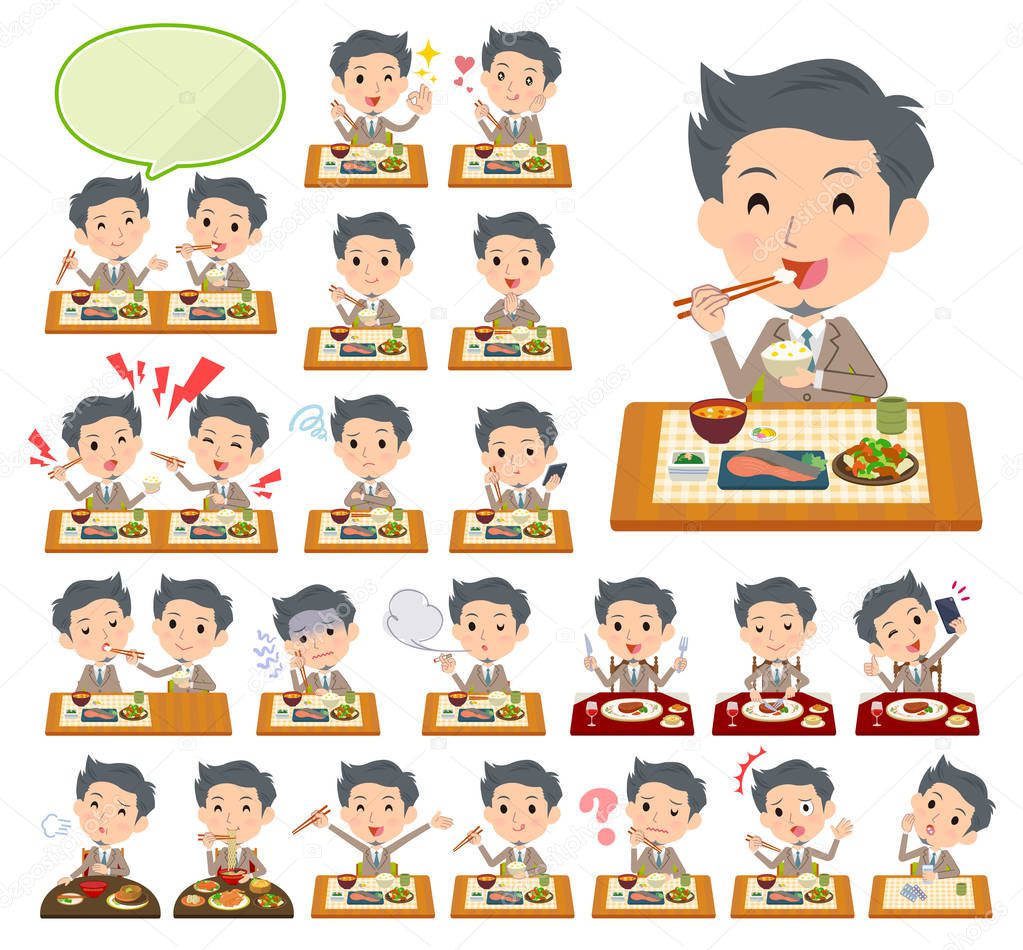 A set of businessman about meals.Japanese and Chinese cuisine, Western style dishes and so on.It's vector art so it's easy to edit.