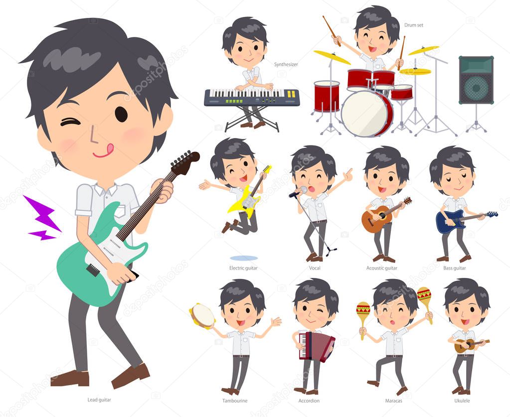 A set of businessman playing rock 'n' roll and pop music.There are also various instruments such as ukulele and tambourine.It's vector art so it's easy to edit.