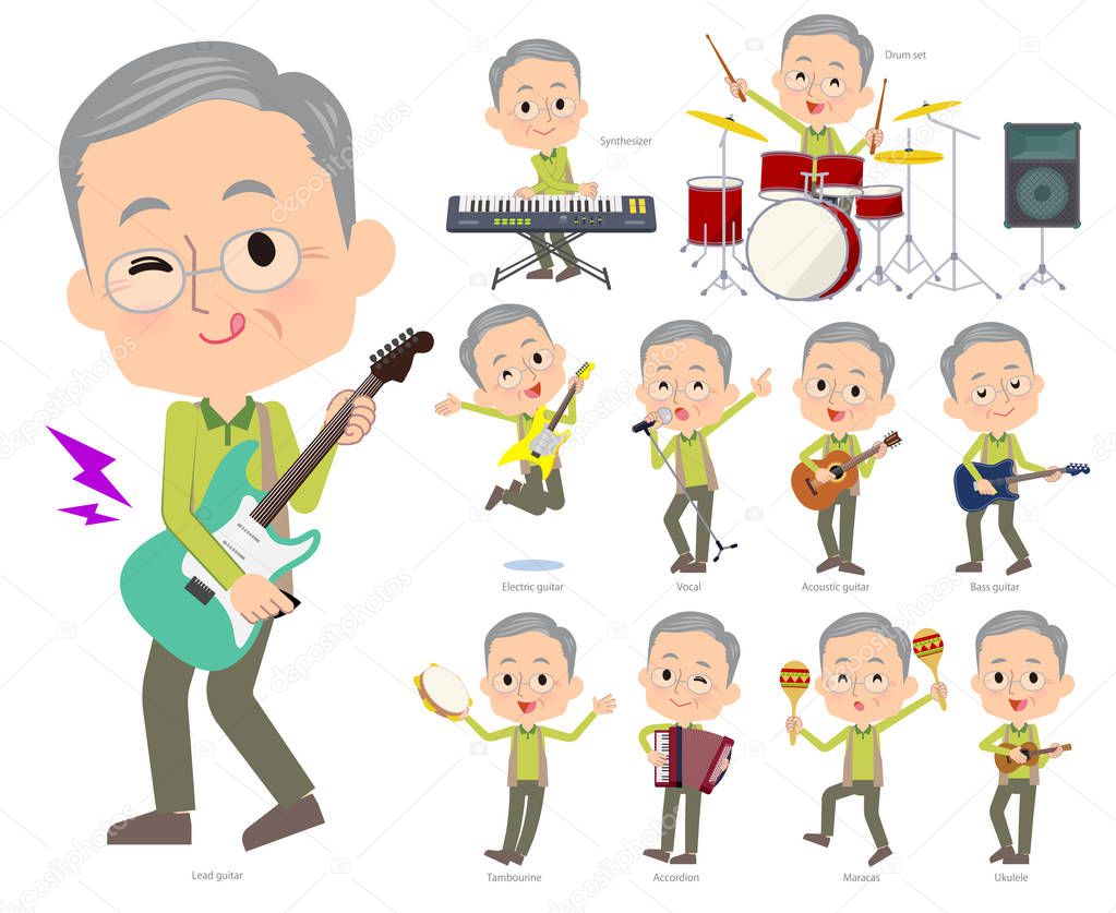 A set of old men playing rock 'n' roll and pop music.There are also various instruments such as ukulele and tambourine.It's vector art so it's easy to edit.