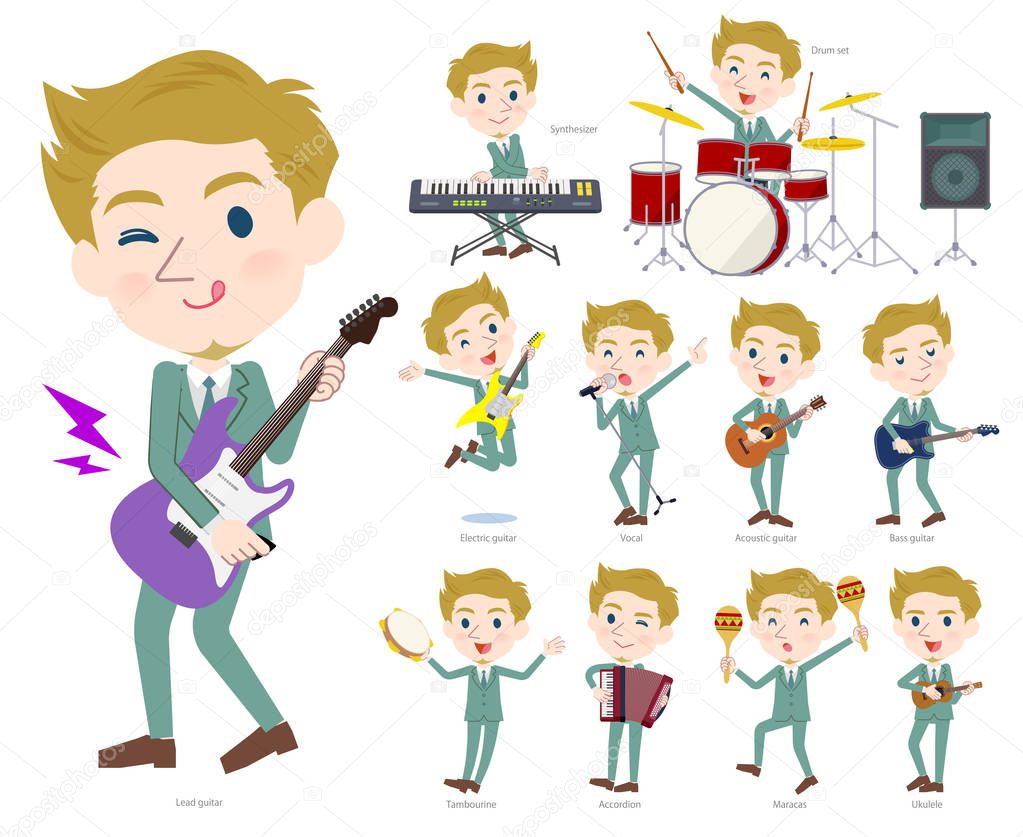A set of men playing rock 'n' roll and pop music.There are also various instruments such as ukulele and tambourine.It's vector art so it's easy to edit.