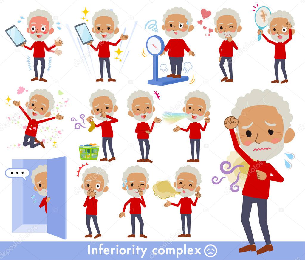A set of old men on inferiority complex.There are actions suffering from smell and appearance.It's vector art so it's easy to edit.