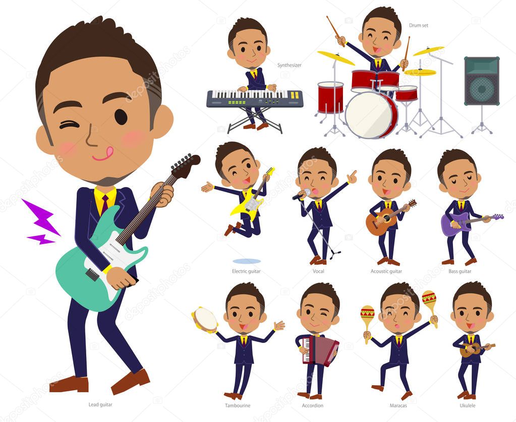 A set of men playing rock 'n' roll and pop music.There are also various instruments such as ukulele and tambourine.It's vector art so it's easy to edit.