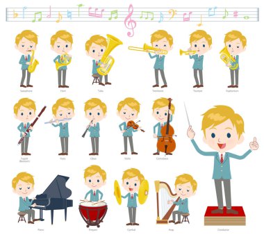Bir dizi klasik müzik performansları okul çocuğu. Eylem çeşitli aletleri yaylı aletler ve rüzgar aletleri gibi oynamak için vardır. Böylece düzenlemek kolaydır vektör sanat değil.