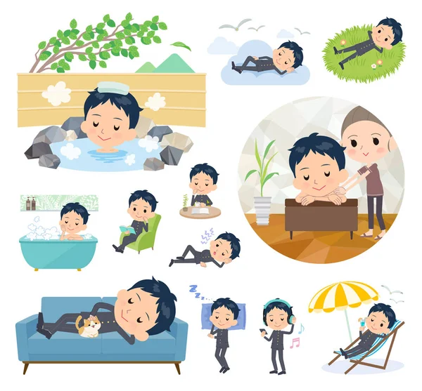 Set School Boy Relaxing Actions Vacation Stress Relief Vector Art — стоковый вектор