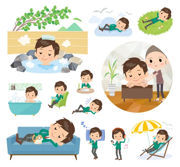 Set School Boy Relaxing Actions Vacation Stress Relief Vector Art — стоковый вектор