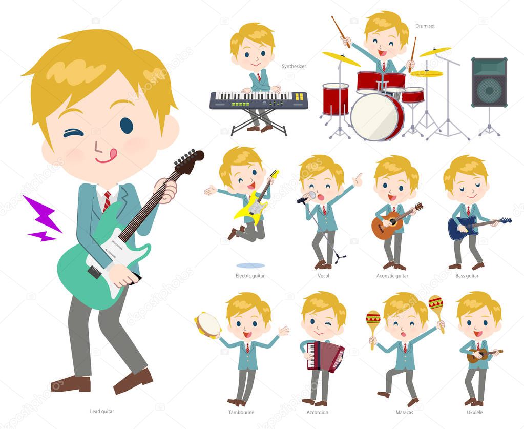 A set of School boy playing rock 'n' roll and pop music.There are also various instruments such as ukulele and tambourine.It's vector art so it's easy to edit.