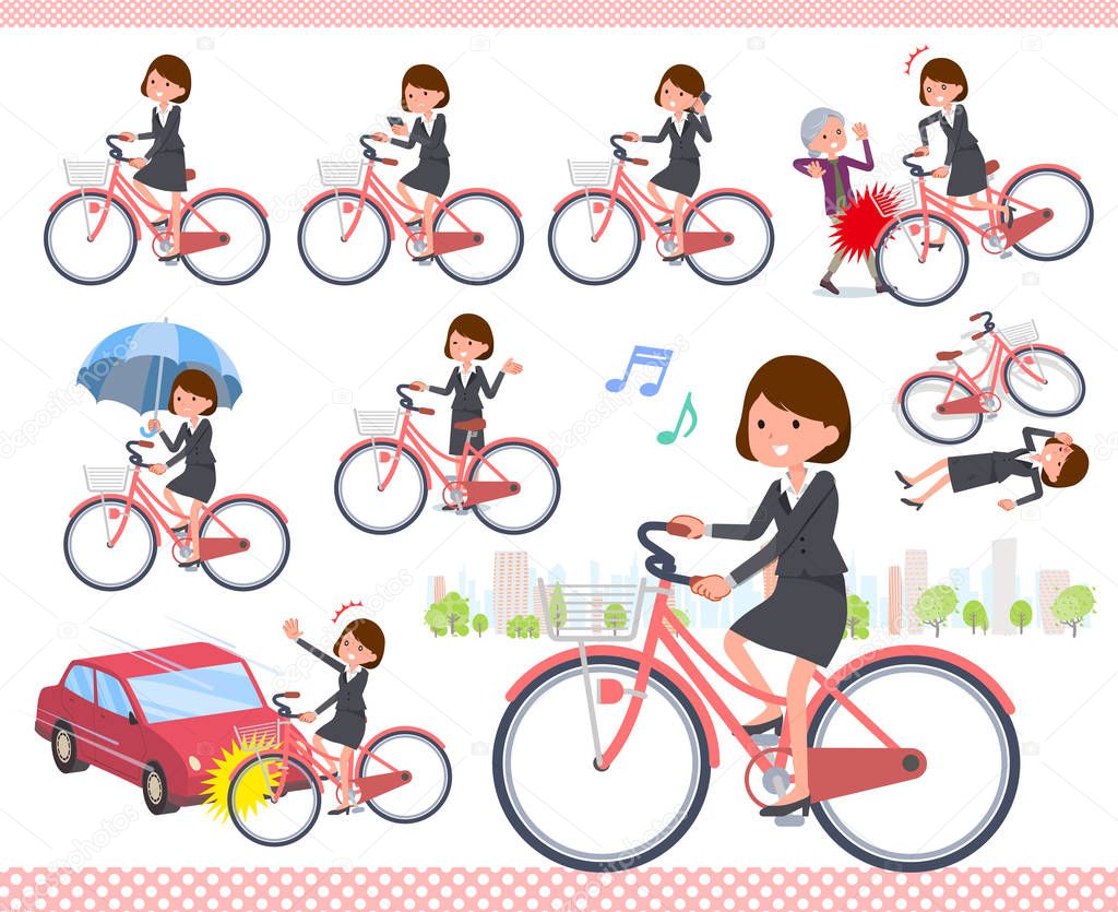 A set of women riding a city cycle.There are actions on manners and troubles.It's vector art so it's easy to edit.