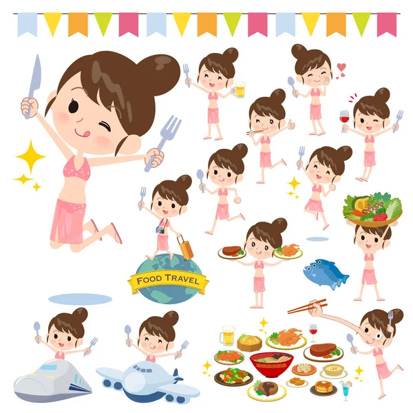 Set Swimwear Style Women Food Events Actions Have Fork Spoon — стоковый вектор