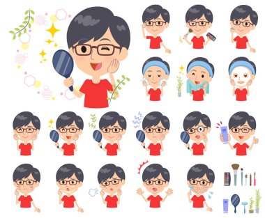 Bir dizi kırmızı T-shirt giymek erkekler güzellik. Cilt Bakımı ve makyaj gibi çeşitli eylemler vardır. Böylece düzenlemek kolaydır vektör sanat değil.