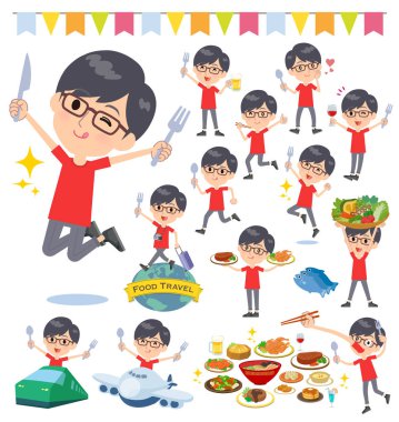 Kırmızı T-shirt bir dizi yemek olaylara erkekler giymek. Bir çatal ve kaşıkla ve eğlenceli yaşıyorsanız eylem vardır. Böylece düzenlemek kolaydır vektör sanat değil.