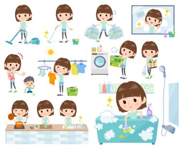 Kadınlar Ev Temizleme ve Çamaşırhane gibi ilgili bir dizi. Yemek ve çocuk yetiştirme gibi çeşitli eylemler vardır. Böylece düzenlemek kolaydır vektör sanat değil.