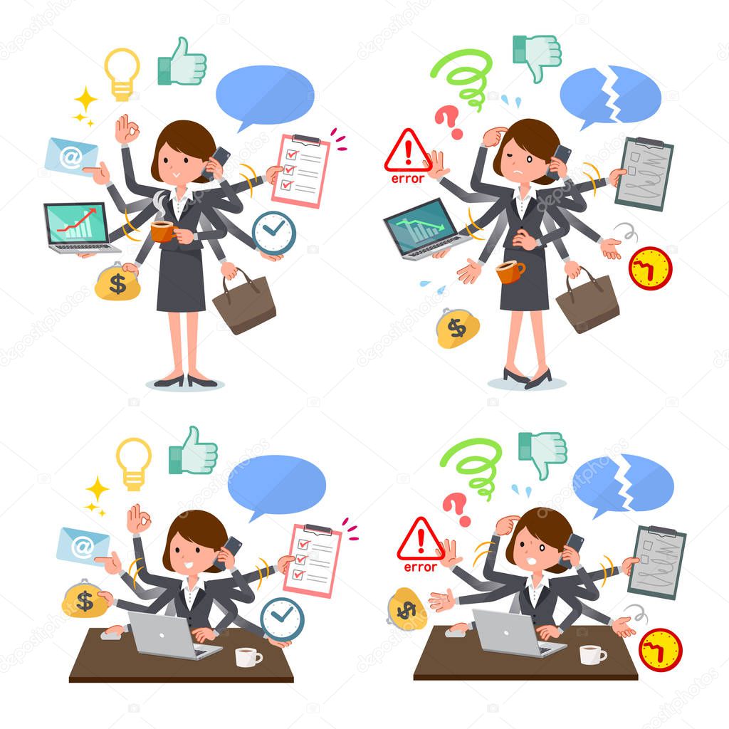 A set of women who perform multitasking in the office.There are things to do smoothly and a pattern that is in a panic.It's vector art so it's easy to edit.