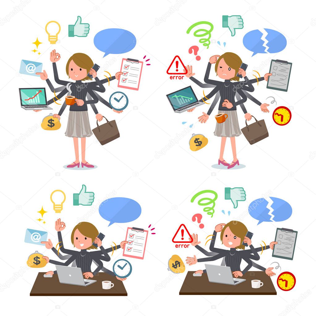 A set of women who perform multitasking in the office.There are things to do smoothly and a pattern that is in a panic.It's vector art so it's easy to edit.