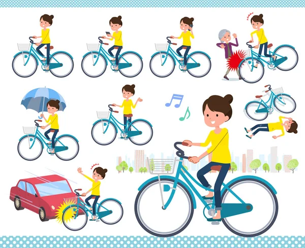 Set Women Riding City Cycle Actions Manners Troubles Vector Art — Stock Vector
