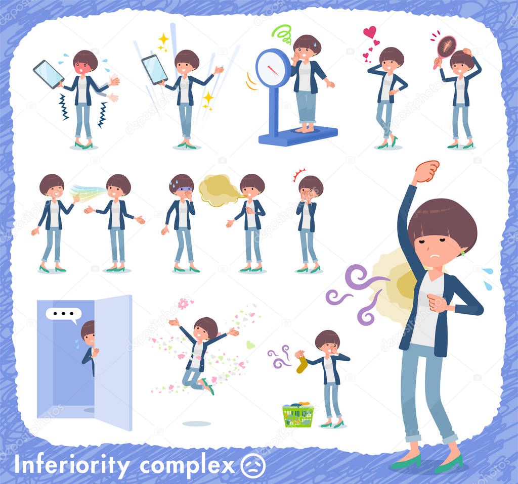 A set of women on inferiority complex.There are actions suffering from smell and appearance.It's vector art so it's easy to edit.