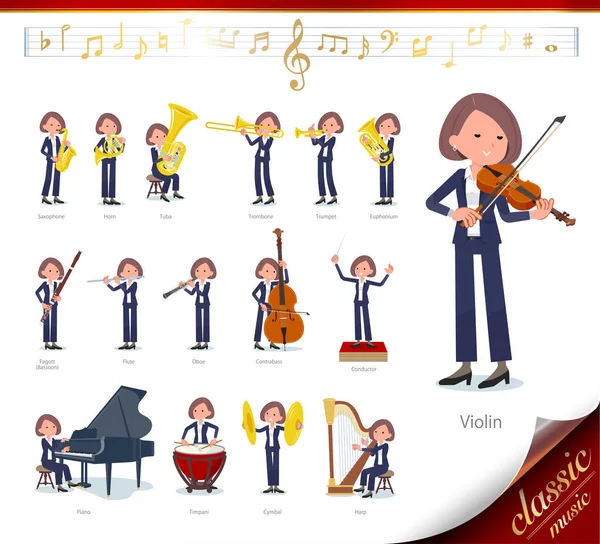 Set Women Classical Music Performances Actions Play Various Instruments String — Stock Vector