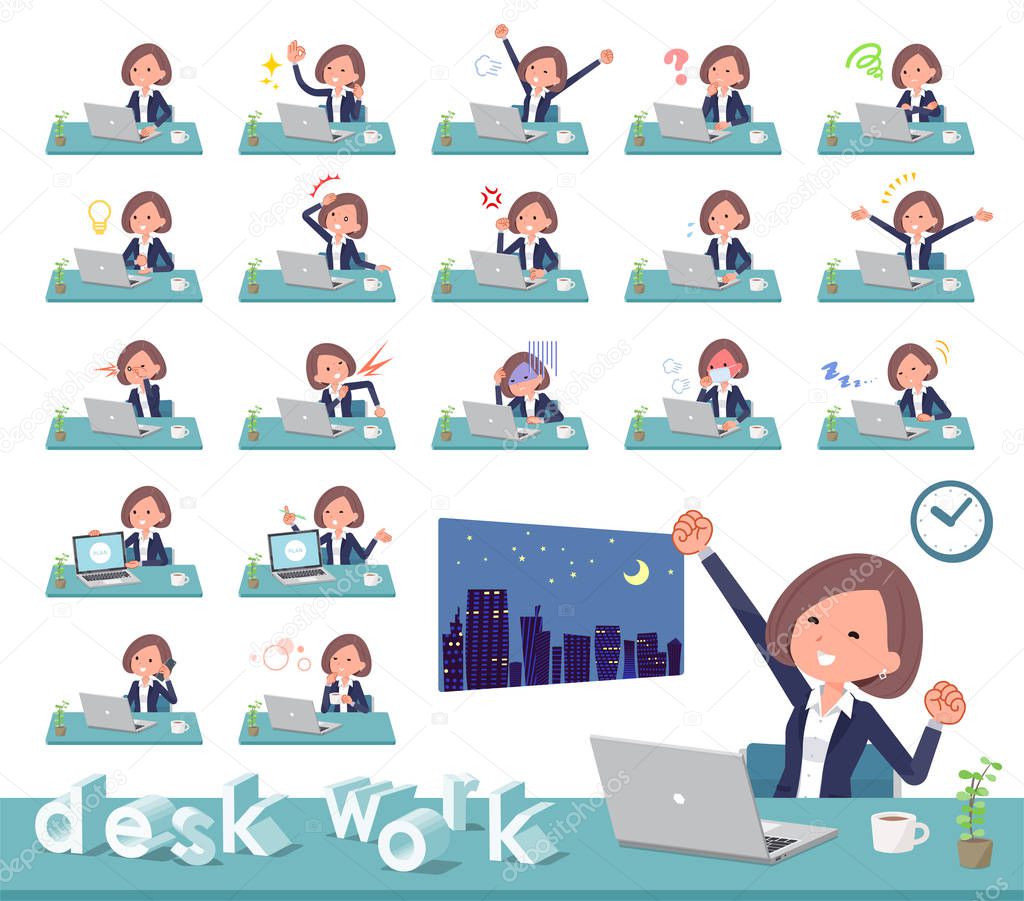 A set of women on desk work.There are various actions such as feelings and fatigue.It's vector art so it's easy to edit.