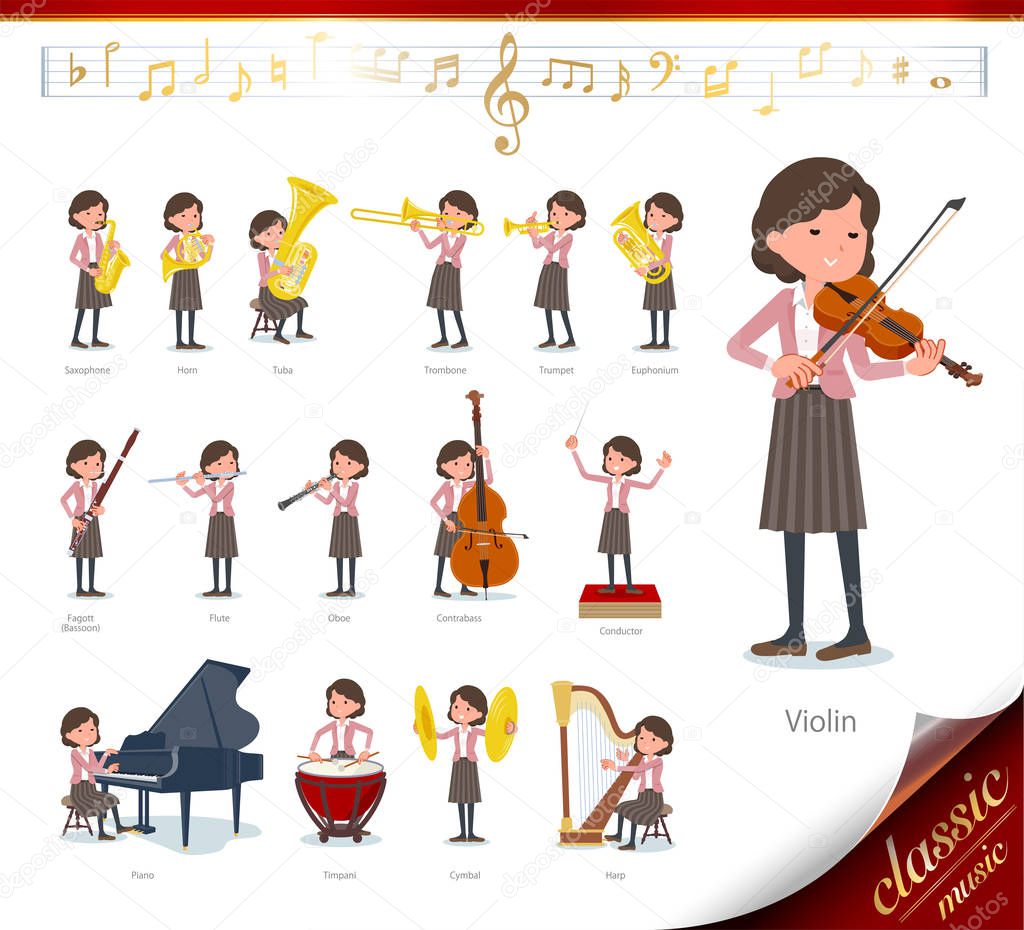 A set of middle women on classical music performances.There are actions to play various instruments such as string instruments and wind instruments.It's vector art so it's easy to edit.