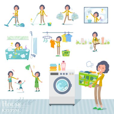 A set of middle women related to housekeeping such as cleaning and laundry.There are various actions such as child rearing.It's vector art so it's easy to edit. clipart