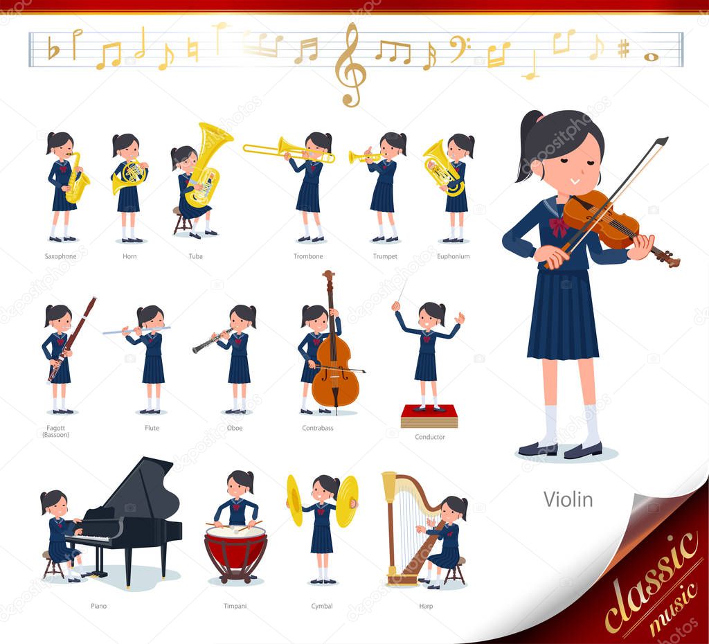 A set of school girl on classical music performances.There are actions to play various instruments such as string instruments and wind instruments.It's vector art so it's easy to edit.