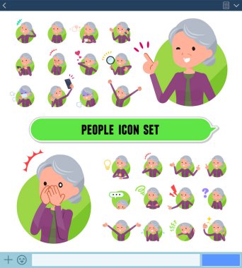 Yaşlı kadınlarla bir dizi Sns ekrandaki çeşitli duygular ifade eder. Sevinç ve üzüntü gibi duyguların varyasyon vardır. Böylece düzenlemek kolaydır vektör sanat değil.