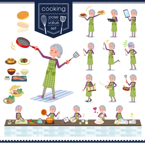 料理についての古い女性のセット 台所でさまざまな方法で調理している動作があります それのベクトル アートなので それは簡単に編集するには — ストックベクタ