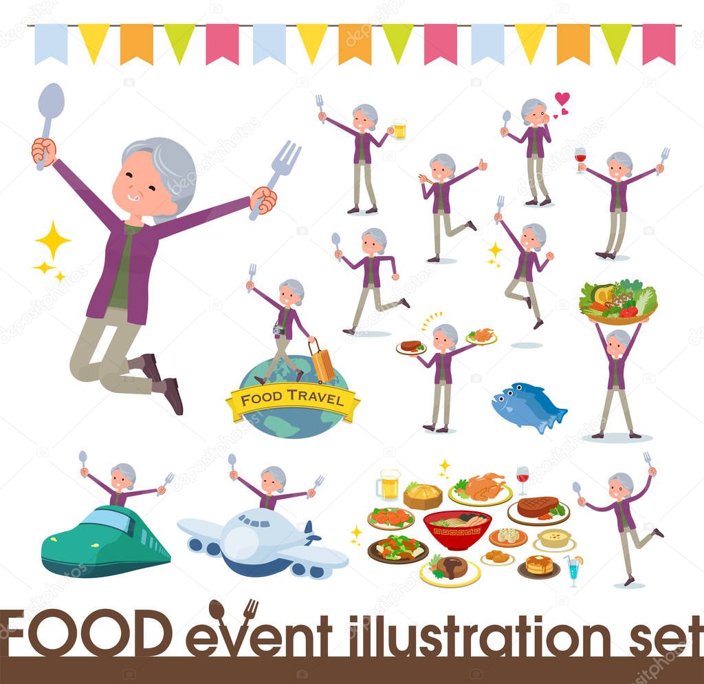 A set of old women on food events.There are actions that have a fork and a spoon and are having fun.It's vector art so it's easy to edit.