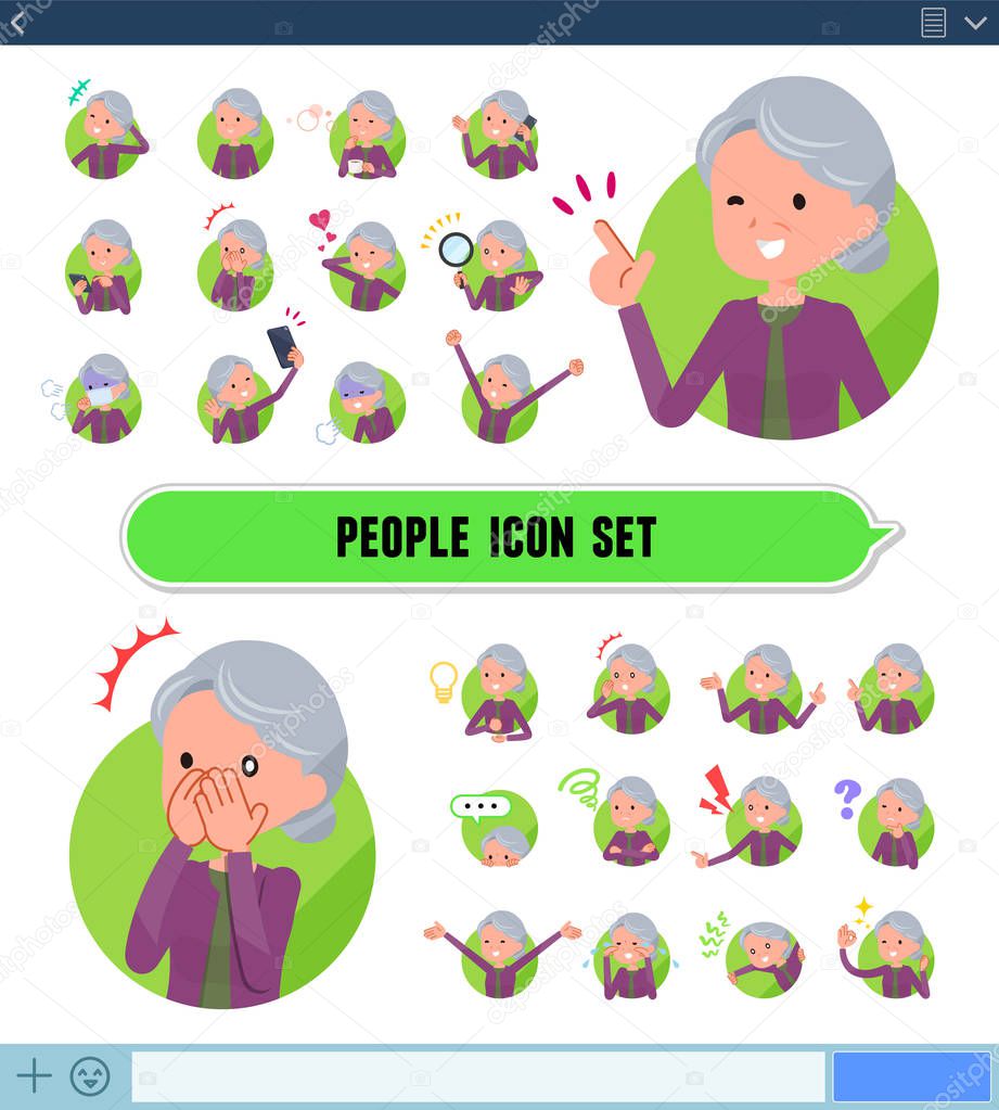 A set of old women with expresses various emotions on the SNS screen.There are variations of emotions such as joy and sadness.It's vector art so it's easy to edit.
