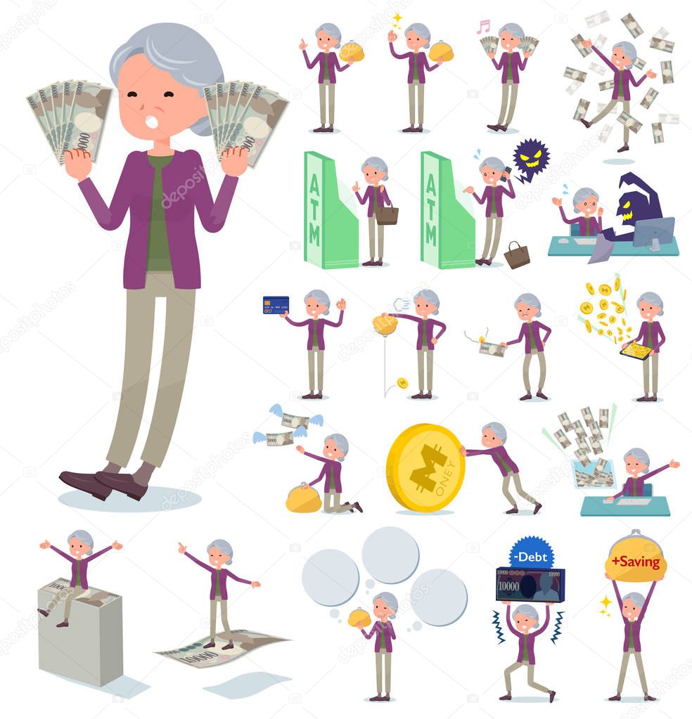 A set of old women with concerning money and economy.There are also actions on success and failure.It's vector art so it's easy to edit.