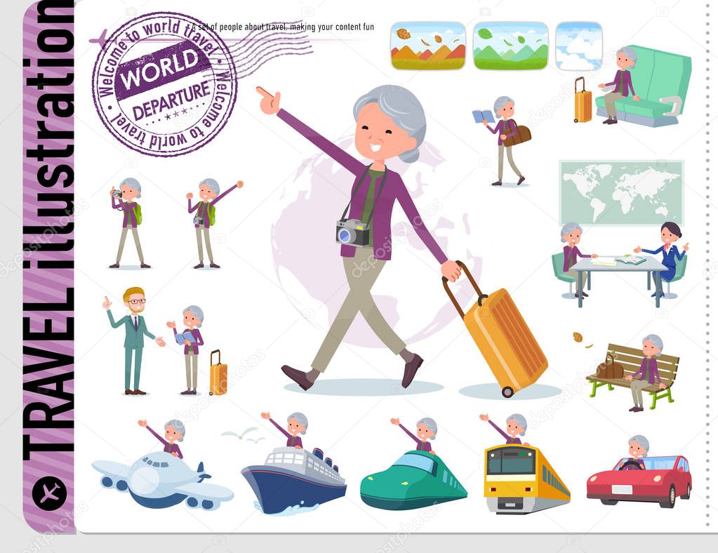 A set of old women on travel.There are also vehicles such as boats and airplanes.It's vector art so it's easy to edit.