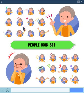 Yaşlı kadınlarla bir dizi Sns ekrandaki çeşitli duygular ifade eder. Sevinç ve üzüntü gibi duyguların varyasyon vardır. Böylece düzenlemek kolaydır vektör sanat değil.