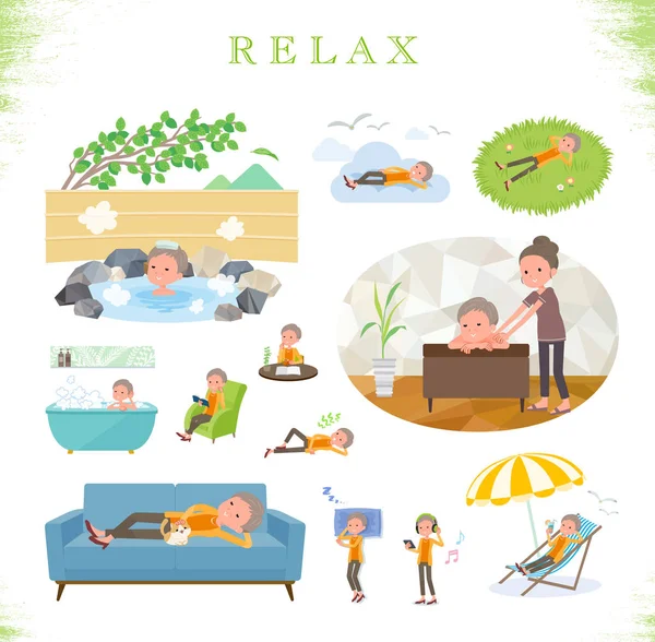 Set Old Women Relaxing Actions Vacation Stress Relief Vector Art — стоковый вектор