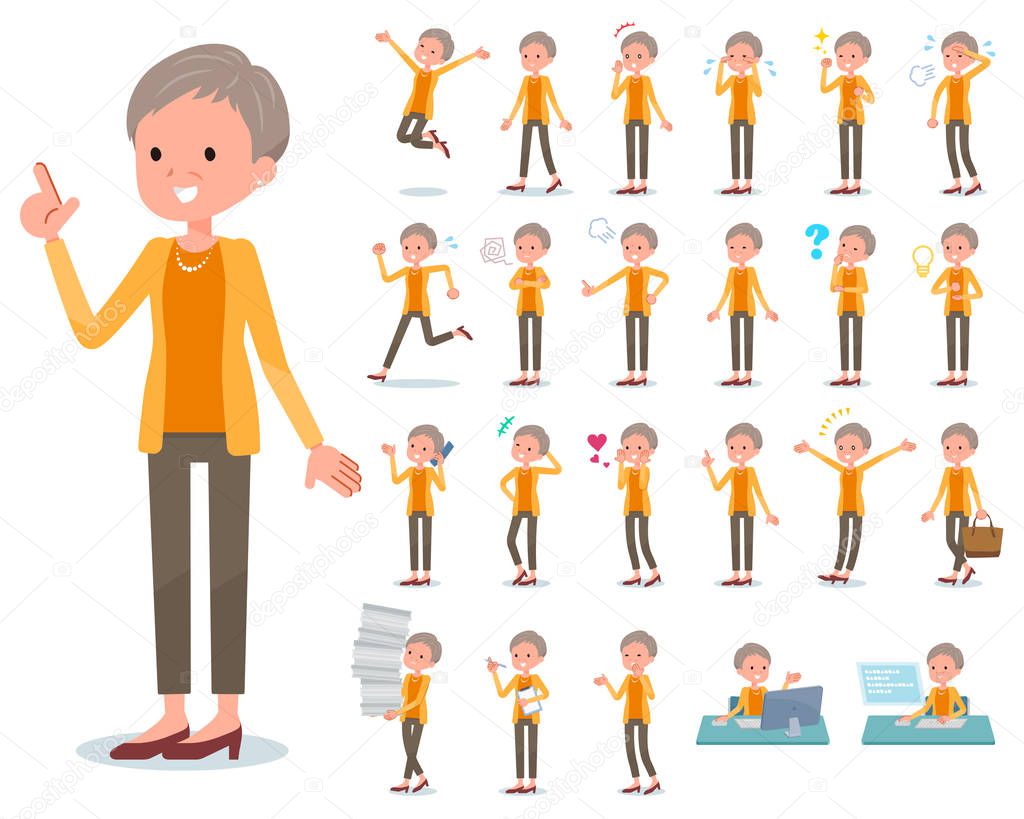 A set of old women with who express various emotions.There are actions related to workplaces and personal computers.It's vector art so it's easy to edit.