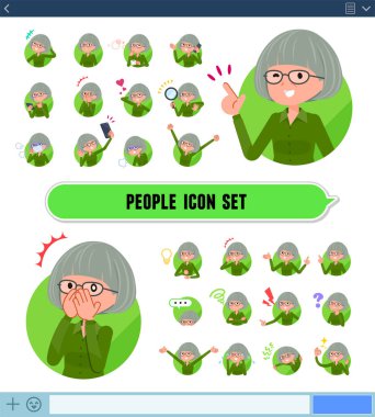 Yaşlı kadınlarla bir dizi Sns ekrandaki çeşitli duygular ifade eder. Sevinç ve üzüntü gibi duyguların varyasyon vardır. Böylece düzenlemek kolaydır vektör sanat değil.