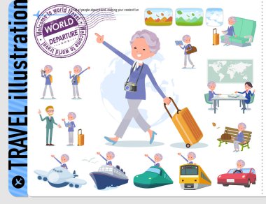 Yaşlı kadınlar seyahat kümesi. Tekneler ve uçaklar gibi araçlar da vardır. Böylece düzenlemek kolaydır vektör sanat değil.