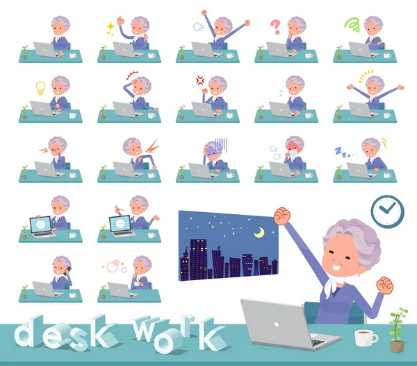 一组老妇人在办公桌上工作 有各种动作 如感觉和疲劳 它的矢量艺术 所以它很容易编辑 — 图库矢量图片