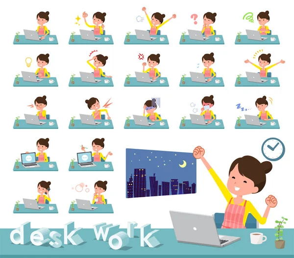 一套家庭主妇在办公桌上工作 有各种动作 如感觉和疲劳 它的矢量艺术 所以它很容易编辑 — 图库矢量图片