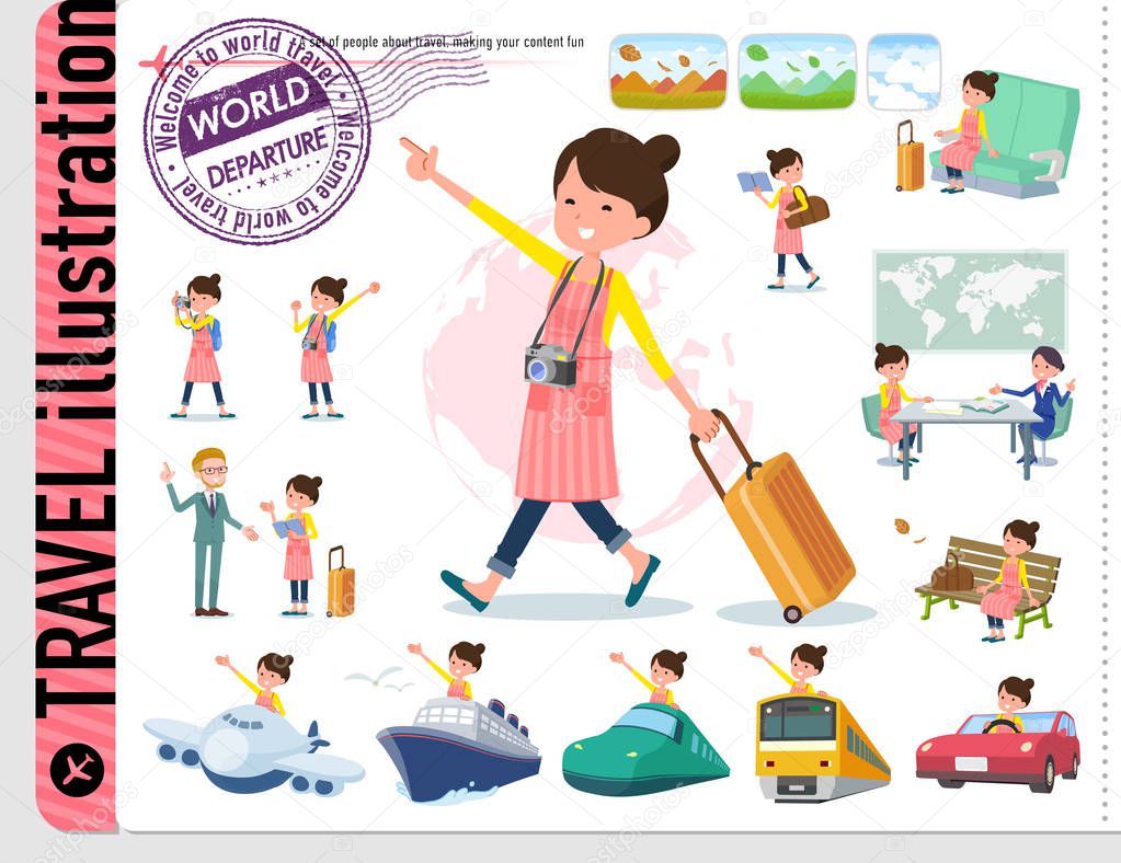 A set of housewife on travel.There are also vehicles such as boats and airplanes.It's vector art so it's easy to edit.