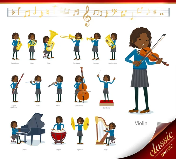 Een Set Van School Girl Klassieke Muziek Optredens Zijn Acties — Stockvector