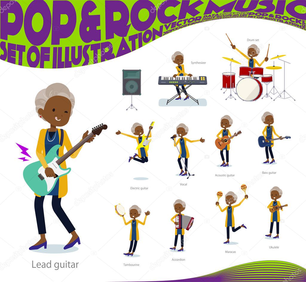 A set of old women playing rock 'n' roll and pop music.There are also various instruments such as ukulele and tambourine.It's vector art so it's easy to edit.