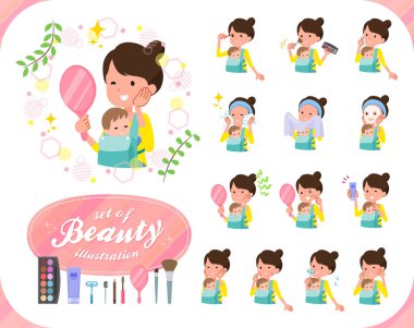 Kadın güzellik bir bebek tutan bir dizi. Cilt Bakımı ve makyaj gibi çeşitli eylemler vardır. Böylece düzenlemek kolaydır vektör sanat değil.