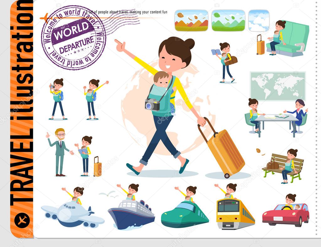 A set of woman holding a baby on travel.There are also vehicles such as boats and airplanes.It's vector art so it's easy to edit.