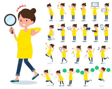 Akıllı telefonlar gibi dijital cihazları olan bir grup hamile kadın. Duygularını ifade eden eylemler var. Bu vektör sanatı..