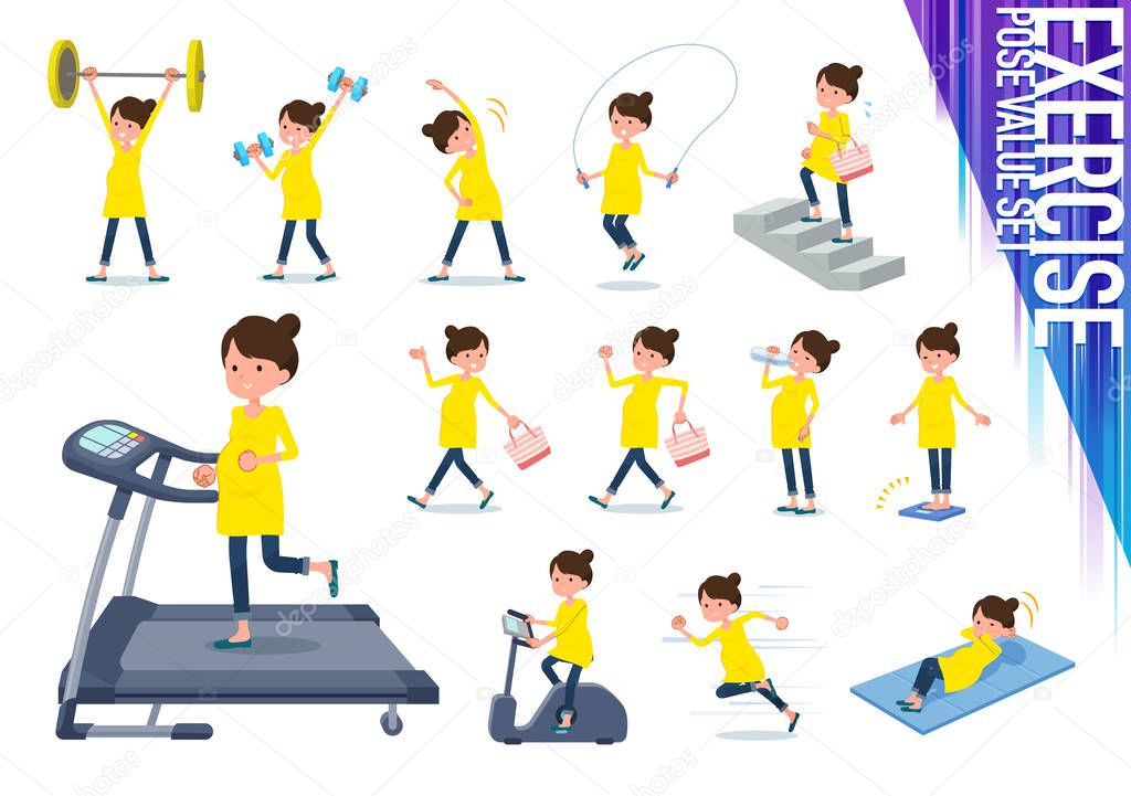 A set of Pregnant women on exercise and sports.There are various actions to move the body healthy.It's vector art so it's easy to edit.