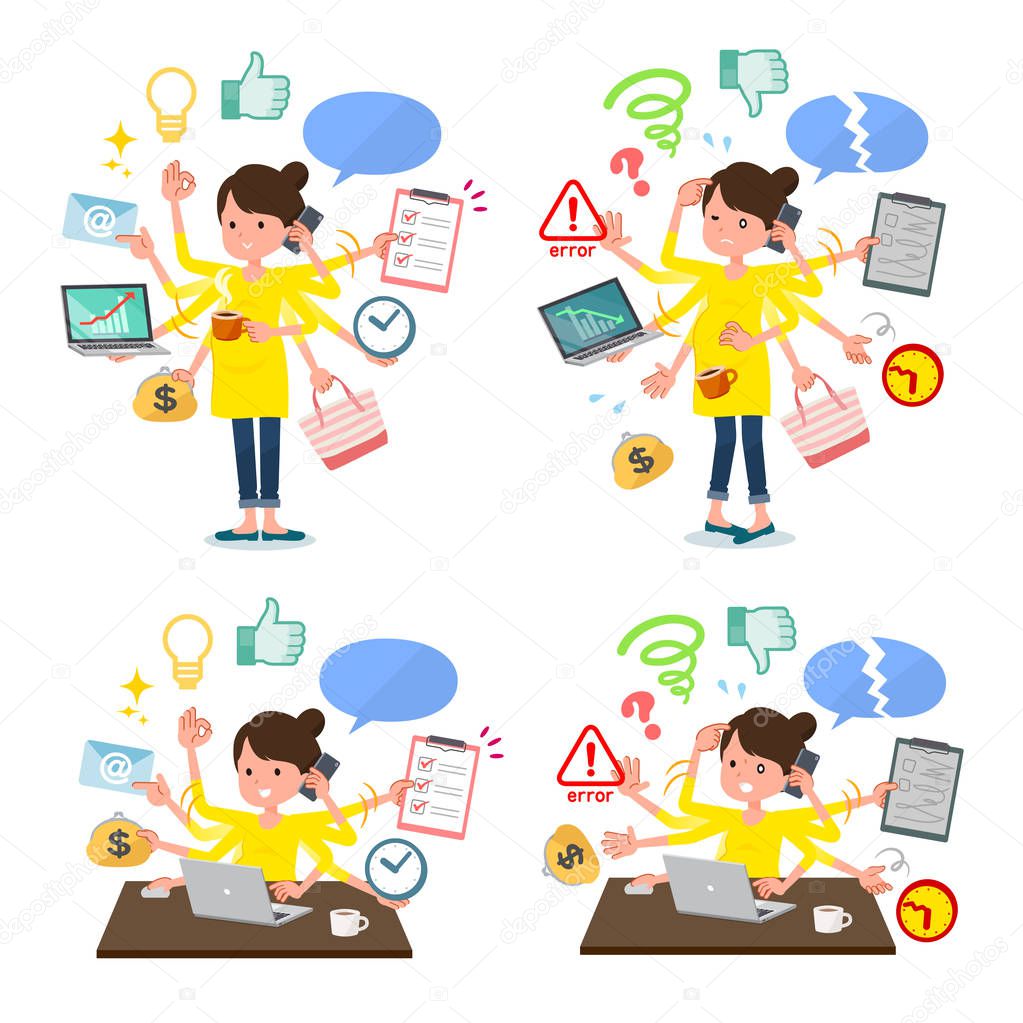A set of Pregnant women who perform multitasking in the office.There are things to do smoothly and a pattern that is in a panic.It's vector art so it's easy to edit.