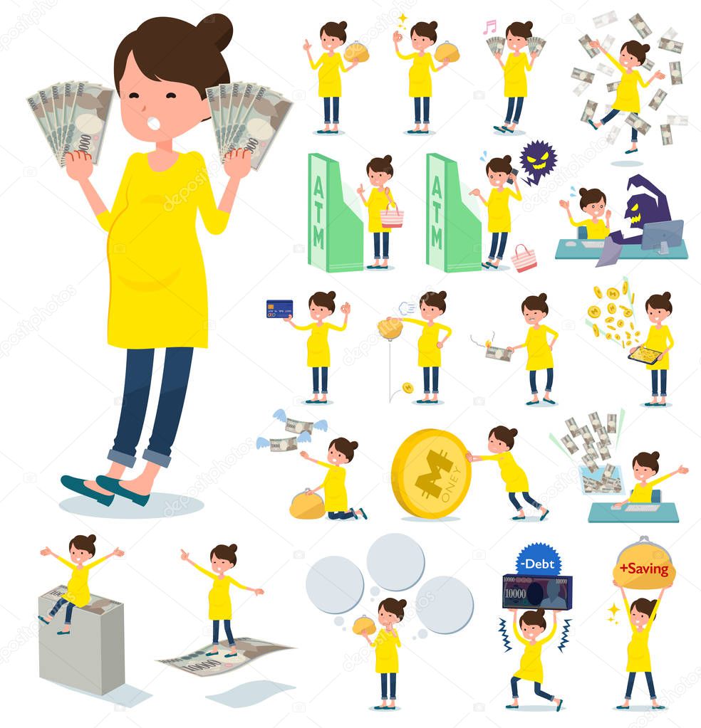 A set of Pregnant women with concerning money and economy.There are also actions on success and failure.It's vector art so it's easy to edit.